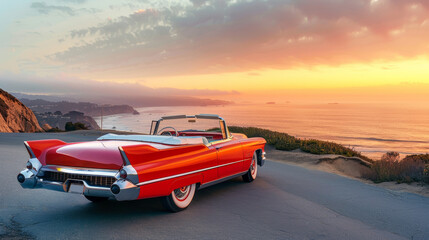 Wall Mural - Classic Red Convertible Car on Scenic Coastal Road at Sunset - Vintage Summer Vacation Vibes