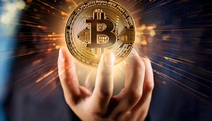 Golden bitcoin coin businessman investing in digital cryptocurrency money in market gold financial payment virtual web bank mining currency success e-business concept electronic economy finance metal