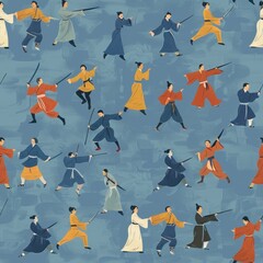 Seamless Pattern of People Practicing Swordsmanship.