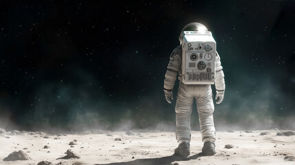 Wall Mural - astronaut standing on the moon's surface, gazing at the starry sky, back view, copy space