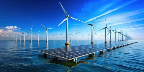 Offshore wind turbine with floating solar panels in the ocean under clear blue sky, renewable energy