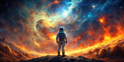 Wall Mural - Astronaut on surreal fiery celestial landscape surrounded by vibrant cosmic clouds and starry sky, astronaut, surreal, fiery