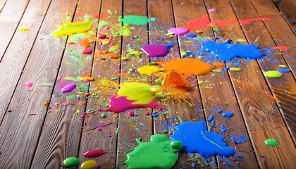 wooden floor with paint splashes spilled paint