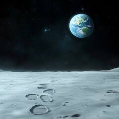 Wall Mural - footprints on the moon's surface with earth in the starry sky, moon exploration themes