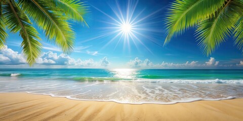 Wall Mural - Tropical summer beach with soft sand, sparkling sea water, and rays of sunshine , Summer, vacation, beach, nature, tropical