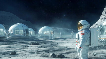 Wall Mural - astronauts outside lunar habitats on the moon's surface under a starry sky, moon colonization themes