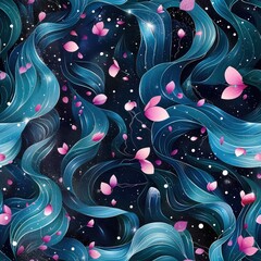 Wall Mural - Abstract floral pattern with pink petals and blue waves on a dark background.