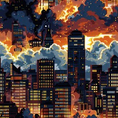 Wall Mural - Pixelated Cityscape with Sunset Sky.