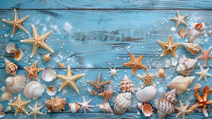 Canvas Print - Summer theme with starfish and seashells on blue wooden backdrop