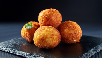 Wall Mural - close up of gourmet style ham croquettes with a black background