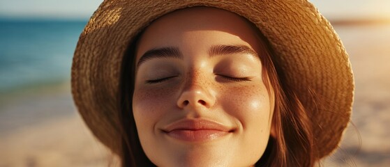 Wall Mural - Close-up of a Woman with Closed Eyes Wearing a Straw Hat