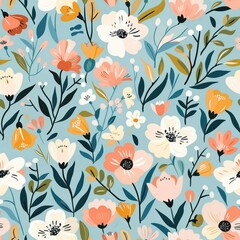 Wall Mural - seamless floral pattern with blue background.