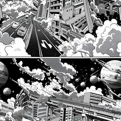 Wall Mural - abstract cityscape with clouds and planets.