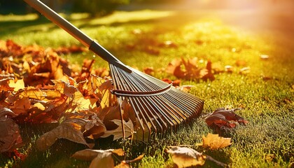 Wall Mural - raking dead dry golden autumn leaves from a lawn using a leaf rake seasonal task