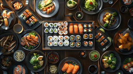 Japanese restaurant dinner table spread in top-down view, array of beautifully plated sushi, sashimi, tempura, surrounded, fresh salads, traditional Japanese food