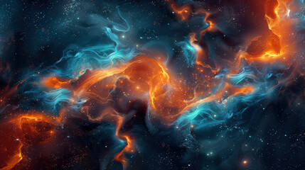 a mesmerizing nebula scene, streams of warm oranges and cool blues swirling together, sprinkled with
