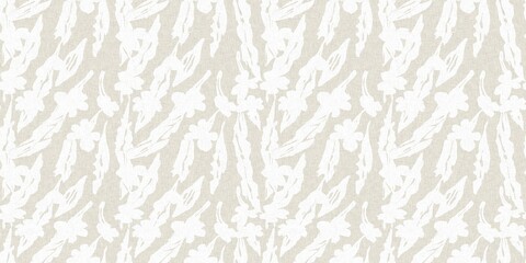 Wall Mural - Seamless french gender neutral floral linen printed fabric border background. Light mottled white on grey cottage core block print pattern. Shabby chic woven duotone cloth effect. 