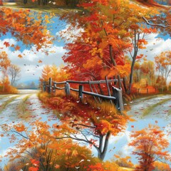 Wall Mural - Autumn Forest Path with Fence and Falling Leaves.