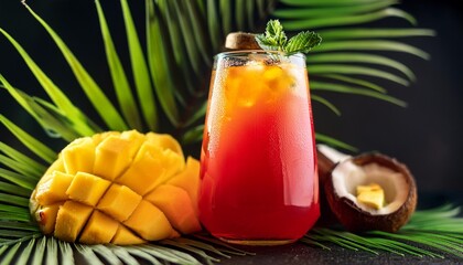 alcoholic cocktail with vodka pineapple juice mango red syrup and ice long drink or summer cold mocktail tropical dark background with palm leaves and exotic fruits