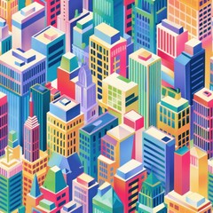 Wall Mural - Colorful isometric city skyline with abstract buildings.