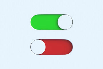 Wall Mural - two toggle switches on gray background. modern on, off button. user interface elements. top view. 3d