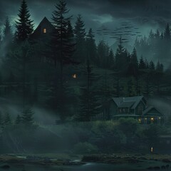 Poster - Foggy Forest With Cabin.