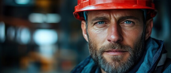 Portrait of a worker in a hard hat, background of an industrial site, determined expression, worker identity, [Labor Day, union pride]