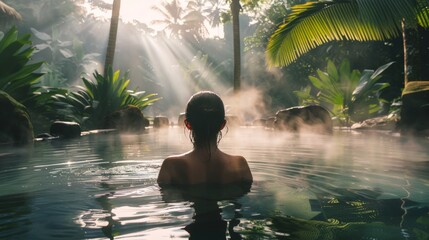 beautiful woman bathing in natural lake in the middle of nature