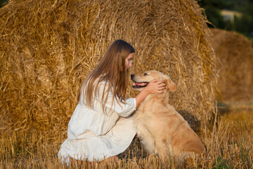 Wall Mural - beautiful girl with golden retriever dog in wheat field at sunset