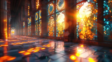 Wall Mural - A beautiful sunset over an Arabic-style mosque with intricate architectural details.