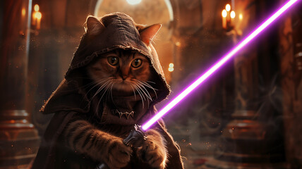 A cat in a medieval hooded robe  wielding a purple light saber  near an old castle