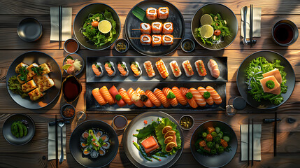 Japanese restaurant dinner table spread in top-down view, array of beautifully plated sushi, sashimi, tempura, surrounded, fresh salads, traditional Japanese food