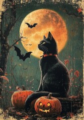 Vintage halloween postcard animal mammal pet.