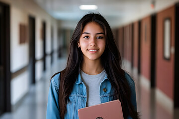 Canvas Print - Confident Hispanic female high school student standing in a hallway, embodying the spirit of education and personal growth, 