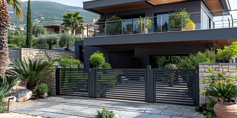 Contemporary Grey Aluminum Fence Enclosing a Home