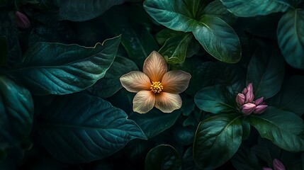 Canvas Print - A Single Light-Colored Flower Amidst Lush Green Foliage