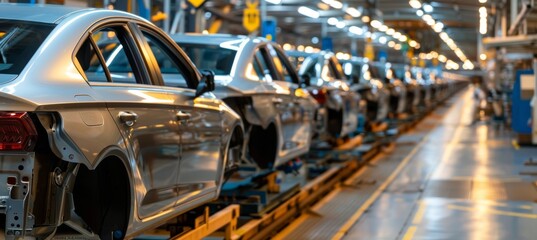 Wall Mural - Engineer Conducting Quality Check on Car Parts Along Busy Automobile Factory Assembly Line