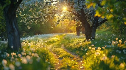 A romantic drive through a spring landscape, the path lined with blossoming flowers and trees in fresh green foliage, the gentle light of the morning sun enhancing the vibrant colors, natural look,