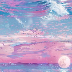 Wall Mural - abstract pink and blue sunset with full moon.