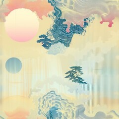 Poster - Abstract  Japanese  pattern with blue and pink circles and stippled clouds.