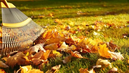 Wall Mural - raking dead dry golden autumn leaves from a lawn using a leaf rake seasonal task