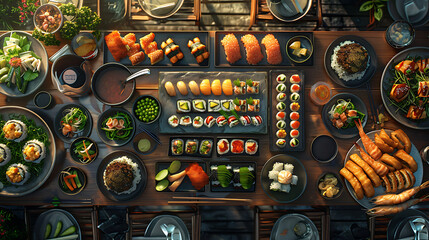 Japanese restaurant dinner table spread in top-down view, array of beautifully plated sushi, sashimi, tempura, surrounded, fresh salads, traditional Japanese food