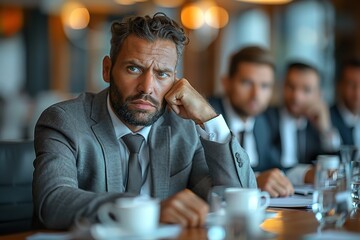 Businessman Experiencing a Headache During a Meeting with Colleagues in a Boardroom