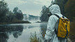 © otter2 - A photo of a person in full protective gear, white hazmat suit, gas mask, gloves, and backpack sprayer, standing by a contaminated river, polluted water, concerned expression