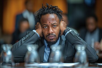 Businessman Experiencing a Headache During a Meeting with Colleagues in a Boardroom