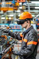 Wall Mural - Engineer Using Augmented Reality Glasses for Troubleshooting in Modern Automobile Factory