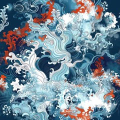 Canvas Print - Abstract blue and white waves with orange accents.