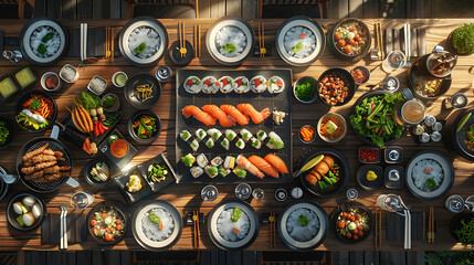 Japanese restaurant dinner table spread in top-down view, array of beautifully plated sushi, sashimi, tempura, surrounded, fresh salads, traditional Japanese food