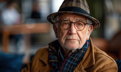 Canvas Print - An older man with glasses and a hat looks directly at the camera. AI.