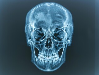 A clear x-ray image of a human skull. AI.